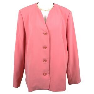 Le Suit Coral Pink Blazer Womens size 14W Mid Length Collarless Classic Career